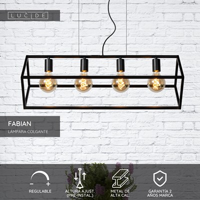 Lucide FABIAN - Lámpara colgante - 4xE27 - Negro